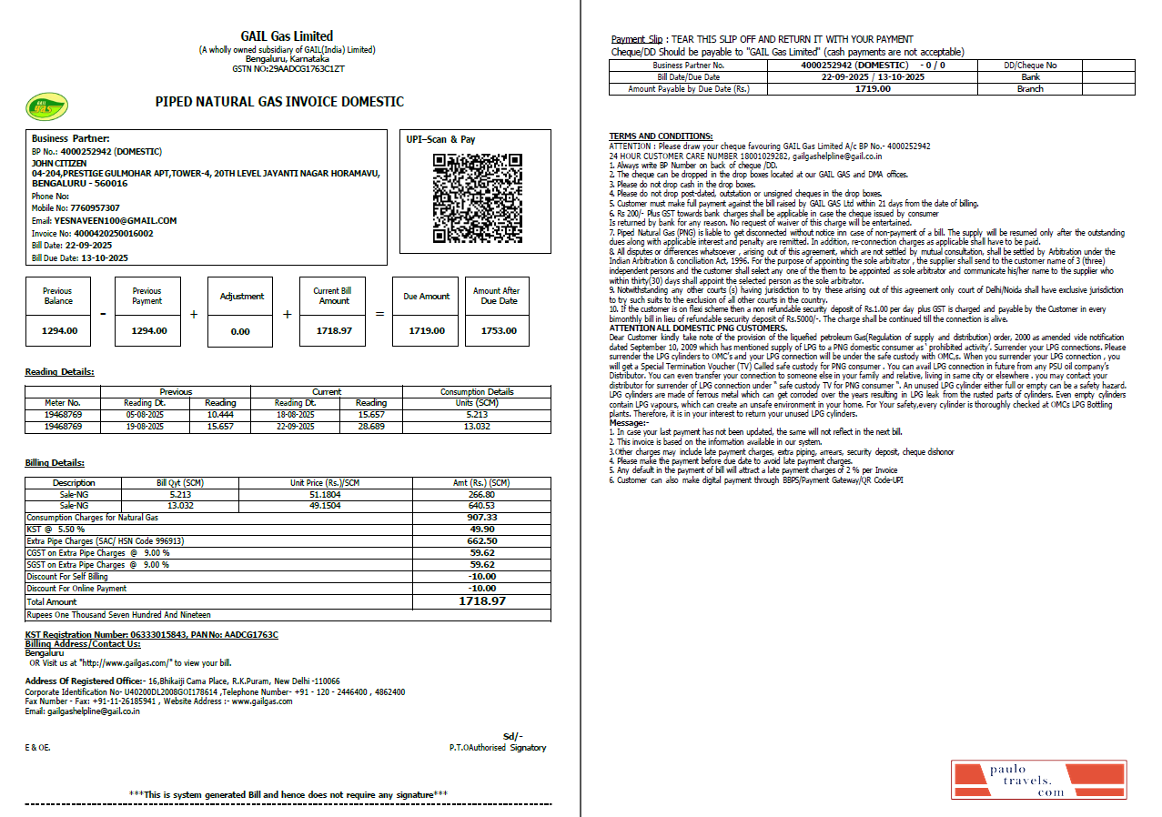 India Gail Gas Limited utility bill template in Word and PDF formats, 2 pages